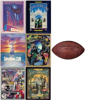 Lot of (7) Super Bowl Official Game Programs (6) & Frank Gifford Signed Wilson Football (JSA)